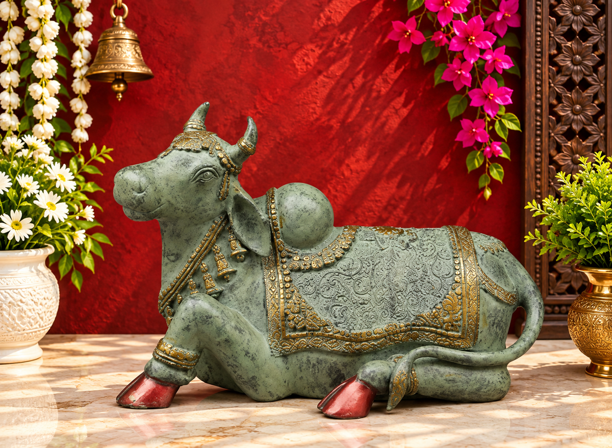 Brassaura® Kailash Nandi Brass Statue with Antique Verdant Green Finish | Pure Superfine Brass Handcrafted Murti | Brass Statue for Home Temple, Pooja Room | Height 14 Inches | Weight 23 Kgs