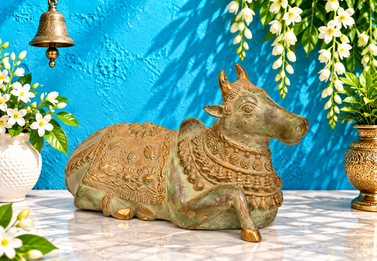 Brassaura® Brass Nandi Statue | Pure Superfine Brass Handcrafted Murti | Brass Statue for Home Temple, Pooja Room | Height 11 Inches | Weight 9.1 Kgs