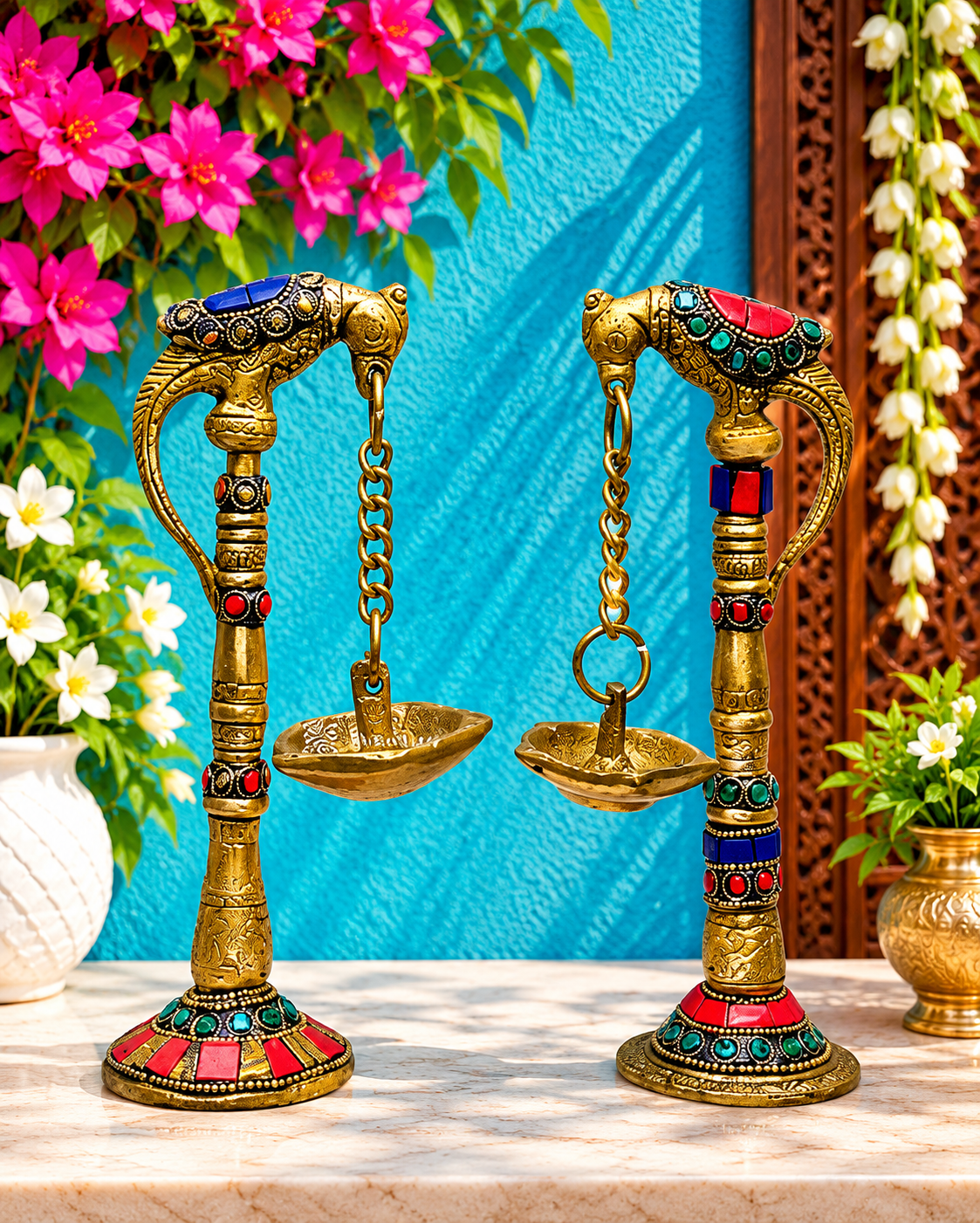 घर और सजावट के लिए पीतल रत्न कार्य 2 पीस तोता दीया, वज़न 1.56 किलो, ऊंचाई 8.3 इंच