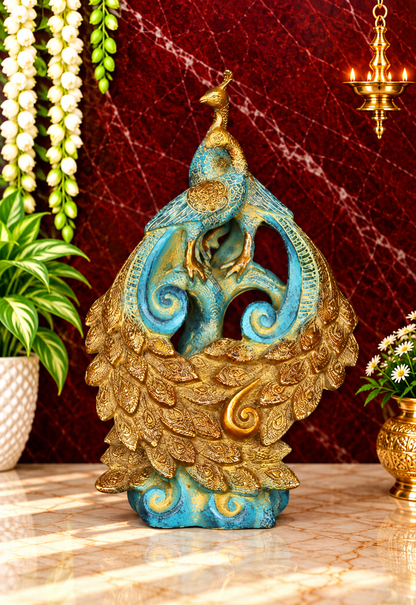 Brassaura® Blue & Gold Peacock Decorative Statue | Brass Art Sculpture | Height 12 Inches & Weight 3.65 kgs