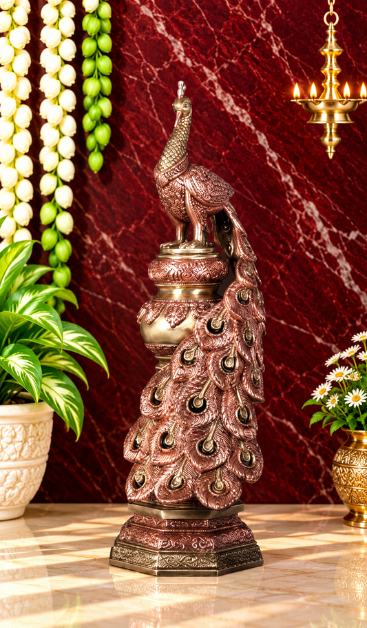 ब्रासॉरा® ब्रास मोर सजावटी प्रतिमा 24 कैरेट रोज़ गोल्ड फिनिश के साथ | शुद्ध पीतल | ऊंचाई 19.5 इंच और वज़न 8.25 किलोग्राम