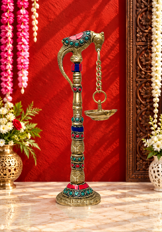 Brassaura® Brass Gemstone Work Diya with Stand with Gemstone Inlay Finish | Pure Superfine Brass Handcrafted Murti | Brass Statue for Home Temple, Pooja Room | Height 8.3 Inches | Weight 0.4 Kgs