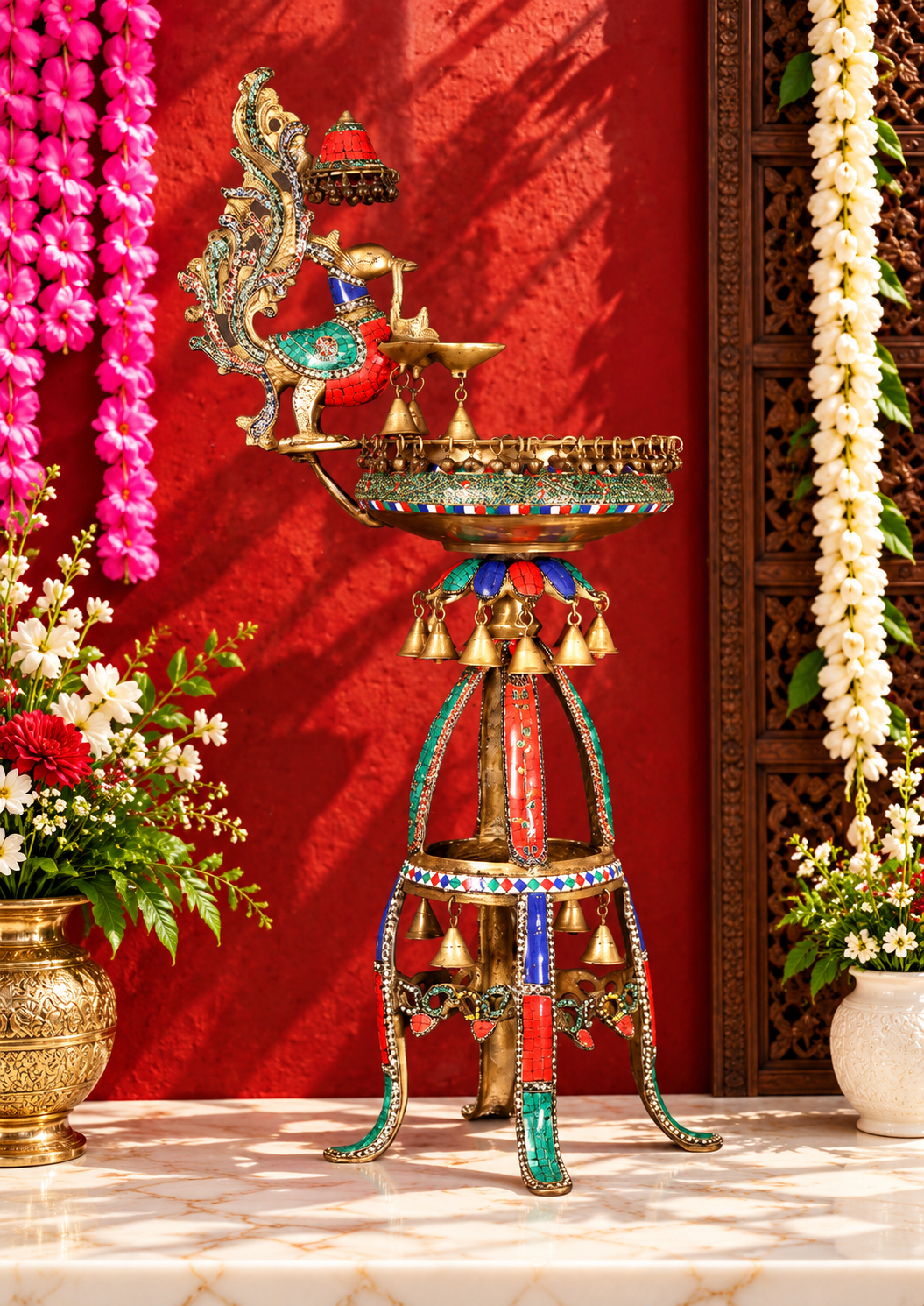Brassaura® Peacock Brass Urli Stand with Inlay Work & Hanging Bells | Pure Brass | Height 41.5 Inches & Weight 21.70 kgs