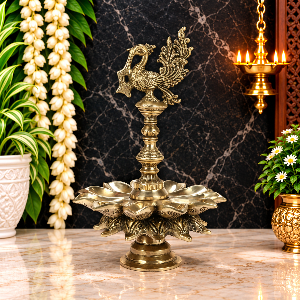 Brassaura® Brass Peacock Design Multi Oil Wick Diya Lamp | Pure Superfine Brass Handcrafted Murti | Brass Statue for Home Temple, Pooja Room | Height 12 Inches | Weight 3.7 Kgs