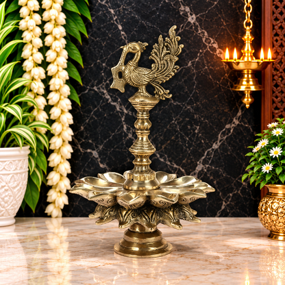 Brassaura® Brass Peacock Design Multi Oil Wick Diya Lamp | Pure Superfine Brass Handcrafted Murti | Brass Statue for Home Temple, Pooja Room | Height 12 Inches | Weight 3.7 Kgs