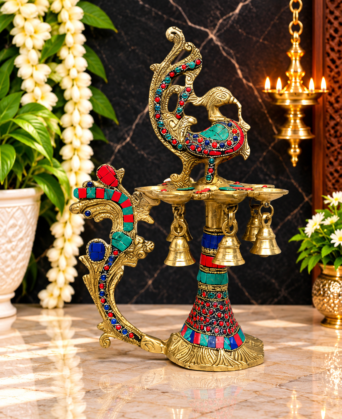 Brassaura® Brass Gemstone Work Diya with Gemstone Inlay Finish | Pure Superfine Brass Handcrafted Murti | Brass Statue for Home Temple, Pooja Room | Height 13 Inches | Weight 2.4 Kgs