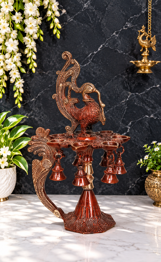 Brassaura® Seven-Wick Mayur Brass Puja Lamp with Bells – Height 12.60 inches | Weight 2.30 kgs
