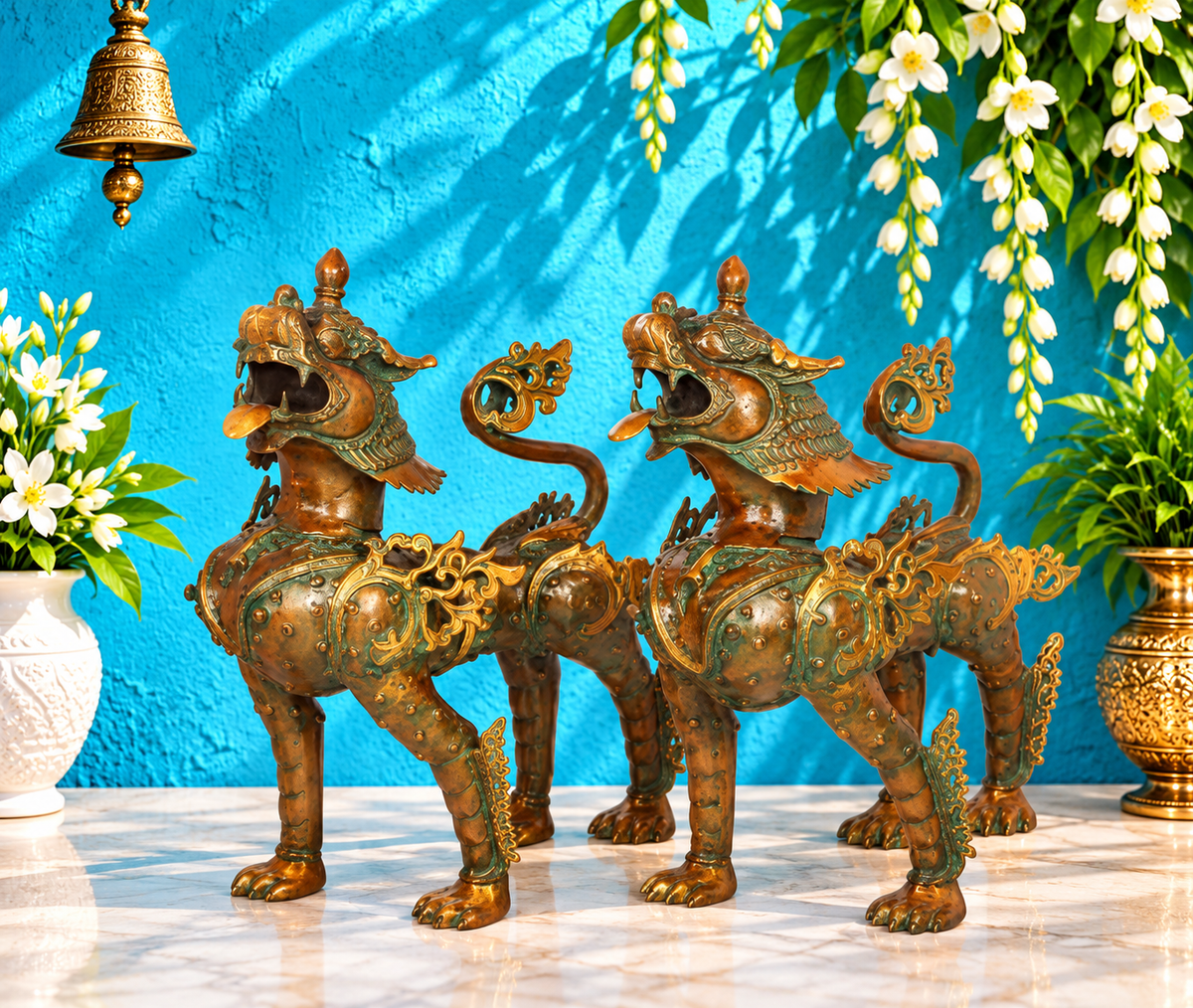 Brassaura® तिब्बती गार्जियन स्नो लायन ब्रास स्कल्पचर | शुद्ध पीतल | ऊंचाई 23 इंच और वजन 41.70 किलोग्राम