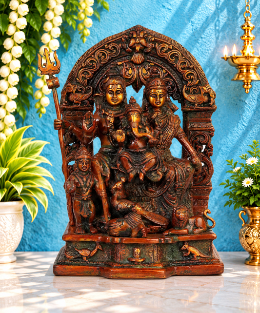 Brassaura® Brass Shiv Family Statue with Traditional Brass Finish | Pure Superfine Brass Handcrafted Murti | Brass Statue for Home Temple, Pooja Room | Height 12 Inches | Weight 6.8 Kgs