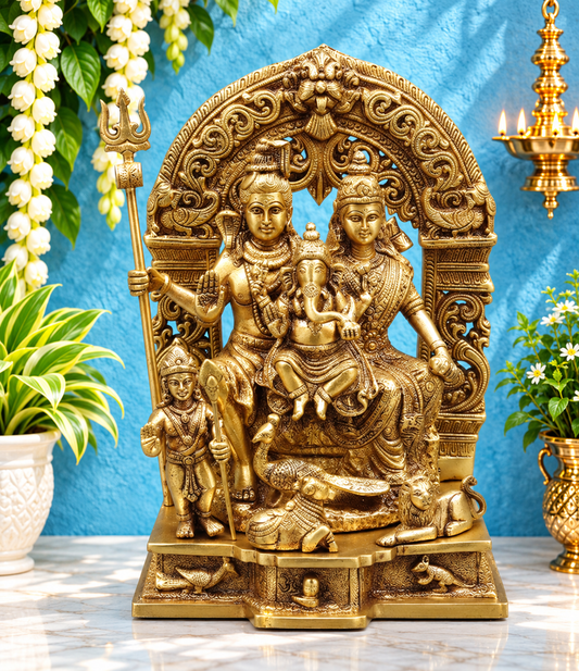 Brassaura® Brass Shiv Parivar Idol with Traditional Brass Finish | Pure Superfine Brass Handcrafted Murti | Brass Statue for Home Temple, Pooja Room | Height 12 Inches | Weight 7 Kgs