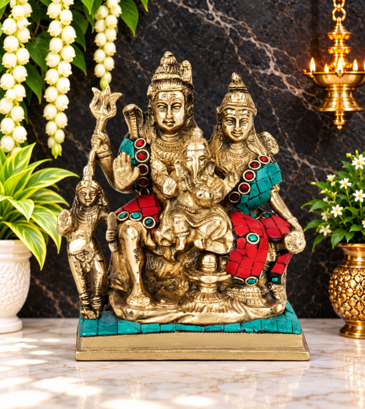 Brassaura® Shiv Parivar Brass Statue with Stonework | Height 6 Inches| Weight 1.6 kgs