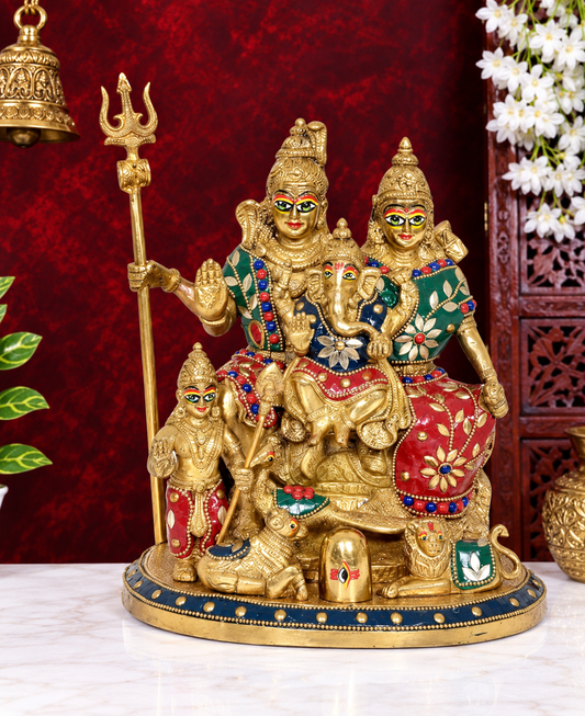 Brassaura® Brass Shiv Parivar Statue | Multicolor Shiva Family Idol for Home & Mandir | Height 10 Inches | Weight: 5.3 kg