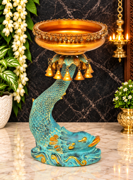 Brassaura® Koi Fish Brass Urli with Hanging Bells | Pure Brass | Height 24 Inches & Weight 15.60 kgs