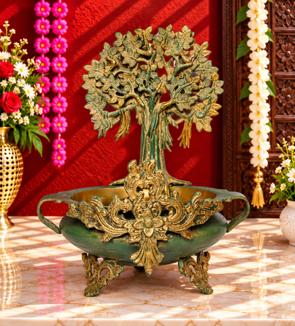 Brassaura® Brass Tree Urli Decorative Bowl with Stand | Pure Brass | Height 15.5 Inches & Weight 6.20 kgs