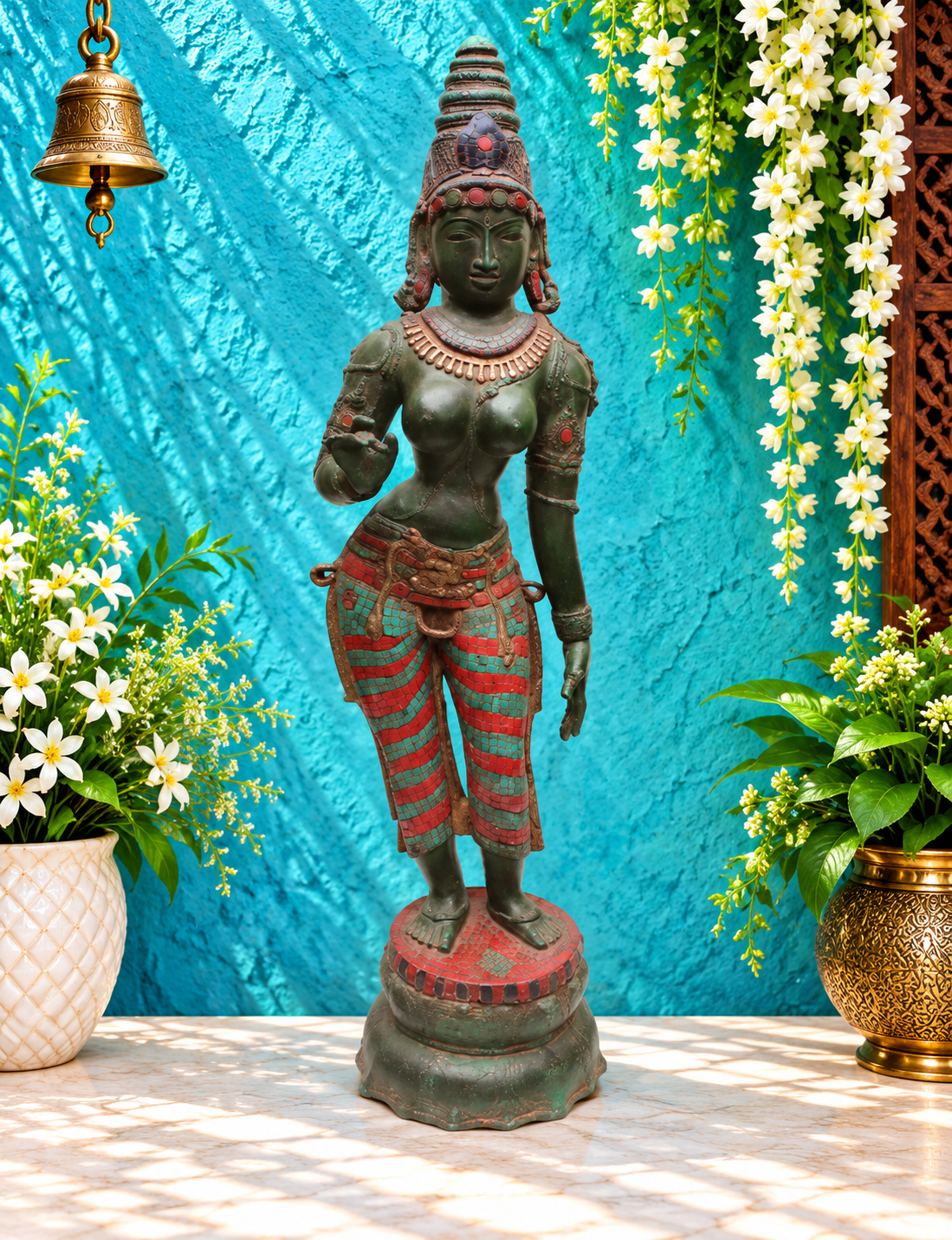 Brassaura® Devi Parvati Standing Sculpture | Brass with Inlay Work | Height 44 Inches