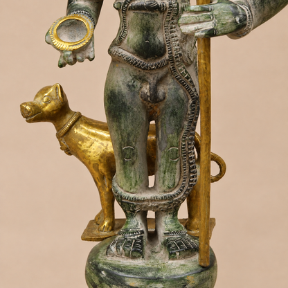 Brassaura® Lord Bhairava Standing Idol with Green & Golden Patina Finish | Pure Superfine Brass Handcrafted Murti | Brass Statue for Home Temple, Pooja Room | Height 17.5 Inches | Weight 8.32 Kgs