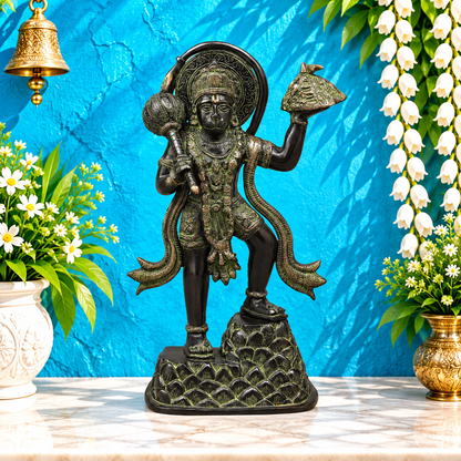 Brassaura® Veer Hanuman Carrying Sanjeevani Mountain Brass Statue | Green Patina Finish | Height 14.5 Inches & Weight 4.9 Kgs
