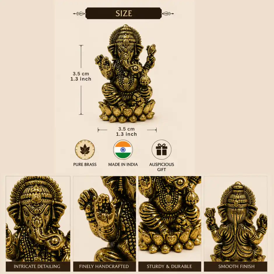 Brassaura® Ganesha Sitting Idol with Smooth Finish | Pure Superfine Brass Handcrafted Murti | Brass Statue for Home Temple, Pooja Room | Height 1.3 Inches | Weight 0.030 gm