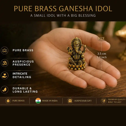 Brassaura® Ganesha Sitting Idol with Smooth Finish | Pure Superfine Brass Handcrafted Murti | Brass Statue for Home Temple, Pooja Room | Height 1.3 Inches | Weight 0.030 gm