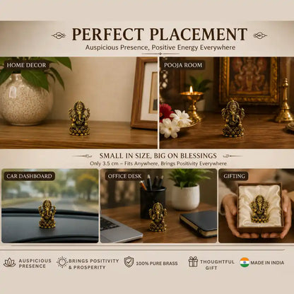 Brassaura® Ganesha Sitting Idol with Smooth Finish | Pure Superfine Brass Handcrafted Murti | Brass Statue for Home Temple, Pooja Room | Height 1.3 Inches | Weight 0.030 gm