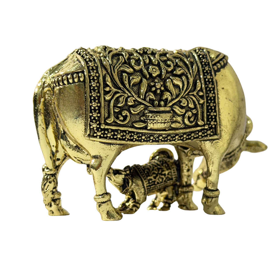 Brassaura® Kamdhenu Cow With Calf Standing Idol with Antique Finish | Pure Superfine Brass Handcrafted Murti | Brass Statue for Home Temple, Pooja Room | Height 1.5 Inches | Weight 0.030 gm