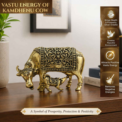 Brassaura® Kamdhenu Cow With Calf Standing Idol with Antique Finish | Pure Superfine Brass Handcrafted Murti | Brass Statue for Home Temple, Pooja Room | Height 1.5 Inches | Weight 0.030 gm