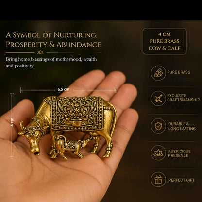 Brassaura® Kamdhenu Cow With Calf Standing Idol with Antique Finish | Pure Superfine Brass Handcrafted Murti | Brass Statue for Home Temple, Pooja Room | Height 1.5 Inches | Weight 0.030 gm