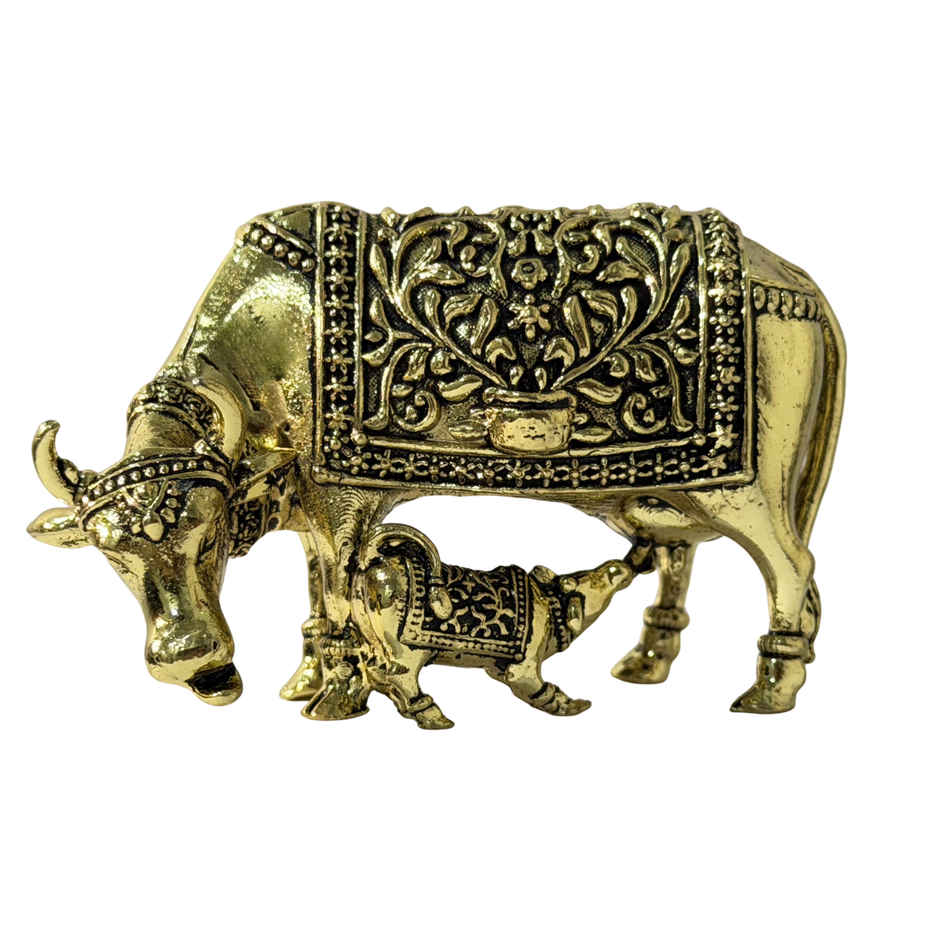 Brassaura® Kamdhenu Cow With Calf Standing Idol with Antique Finish | Pure Superfine Brass Handcrafted Murti | Brass Statue for Home Temple, Pooja Room | Height 1.5 Inches | Weight 0.030 gm