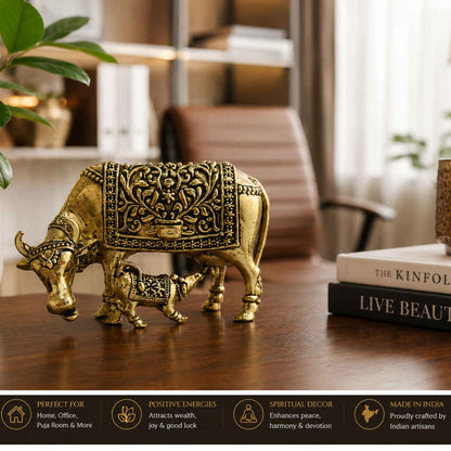 Brassaura® Kamdhenu Cow With Calf Standing Idol with Antique Finish | Pure Superfine Brass Handcrafted Murti | Brass Statue for Home Temple, Pooja Room | Height 1.5 Inches | Weight 0.030 gm