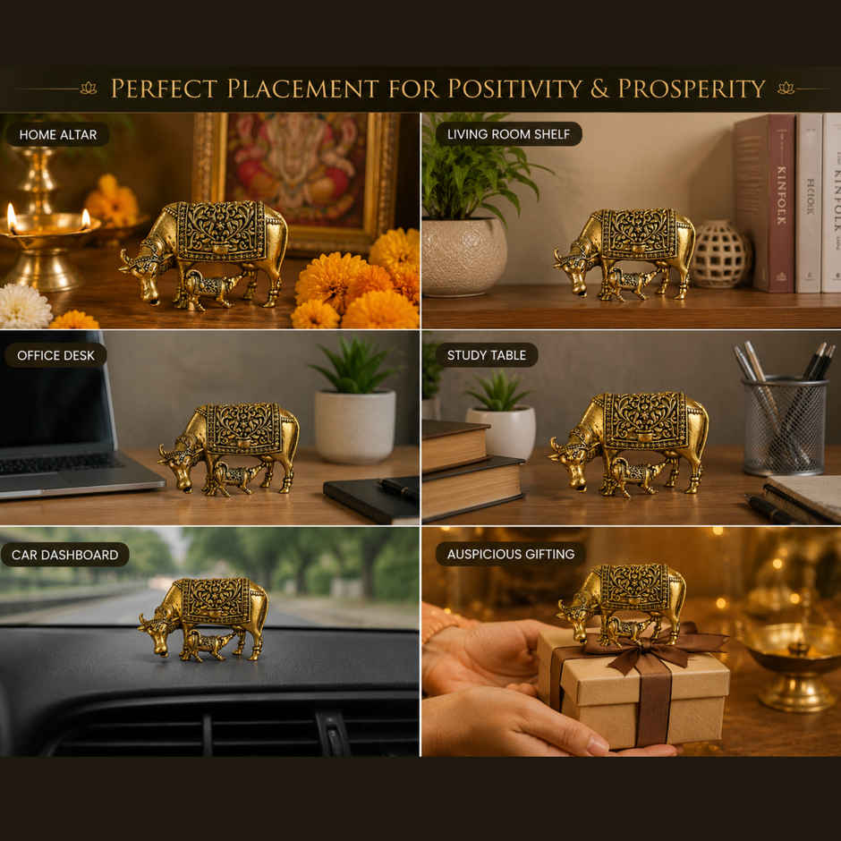 Brassaura® Kamdhenu Cow With Calf Standing Idol with Antique Finish | Pure Superfine Brass Handcrafted Murti | Brass Statue for Home Temple, Pooja Room | Height 1.5 Inches | Weight 0.030 gm