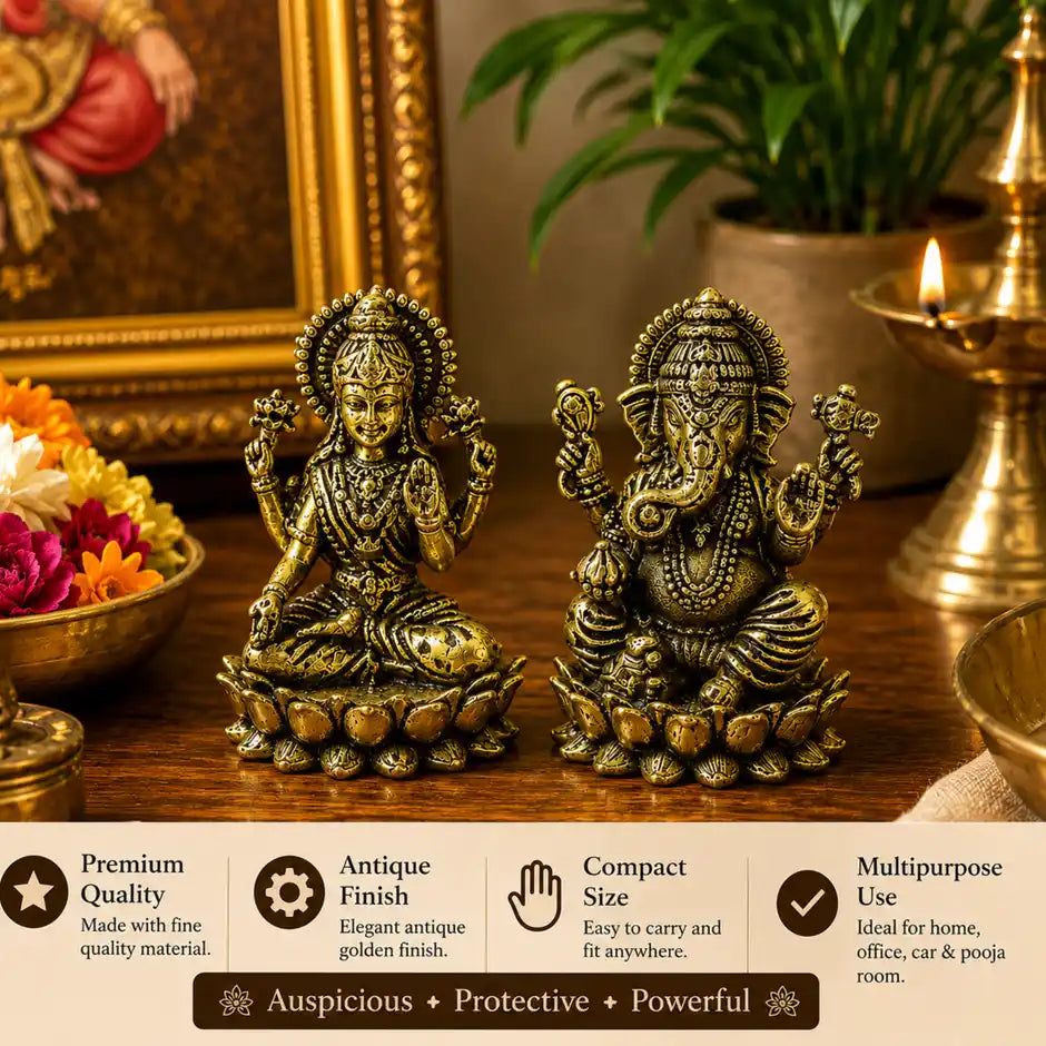 Brassaura® Lakshmi Ganesha Sitting Idol Set with Antique Finish | Pure Superfine Brass Handcrafted Murti | Brass Statue for Home Temple, Pooja Room | Height 1.4 Inches | Weight 0.050 gm