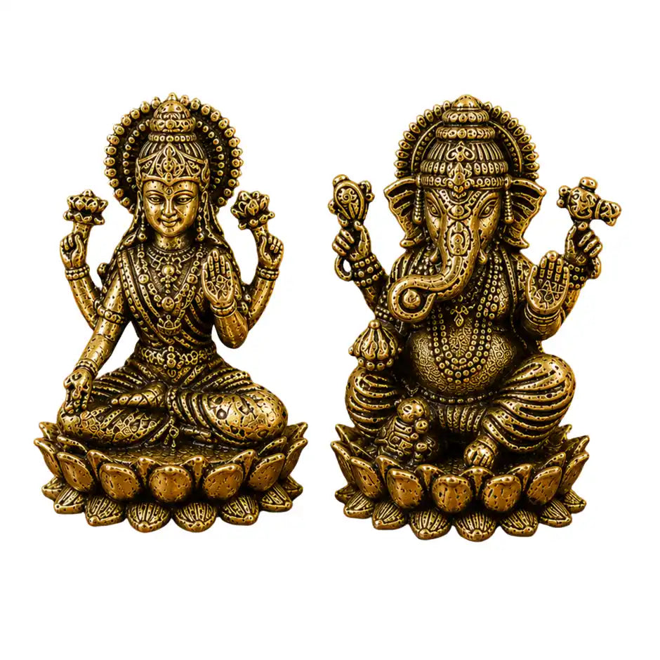 Brassaura® Lakshmi Ganesha Sitting Idol Set with Antique Finish | Pure Superfine Brass Handcrafted Murti | Brass Statue for Home Temple, Pooja Room | Height 1.4 Inches | Weight 0.050 gm