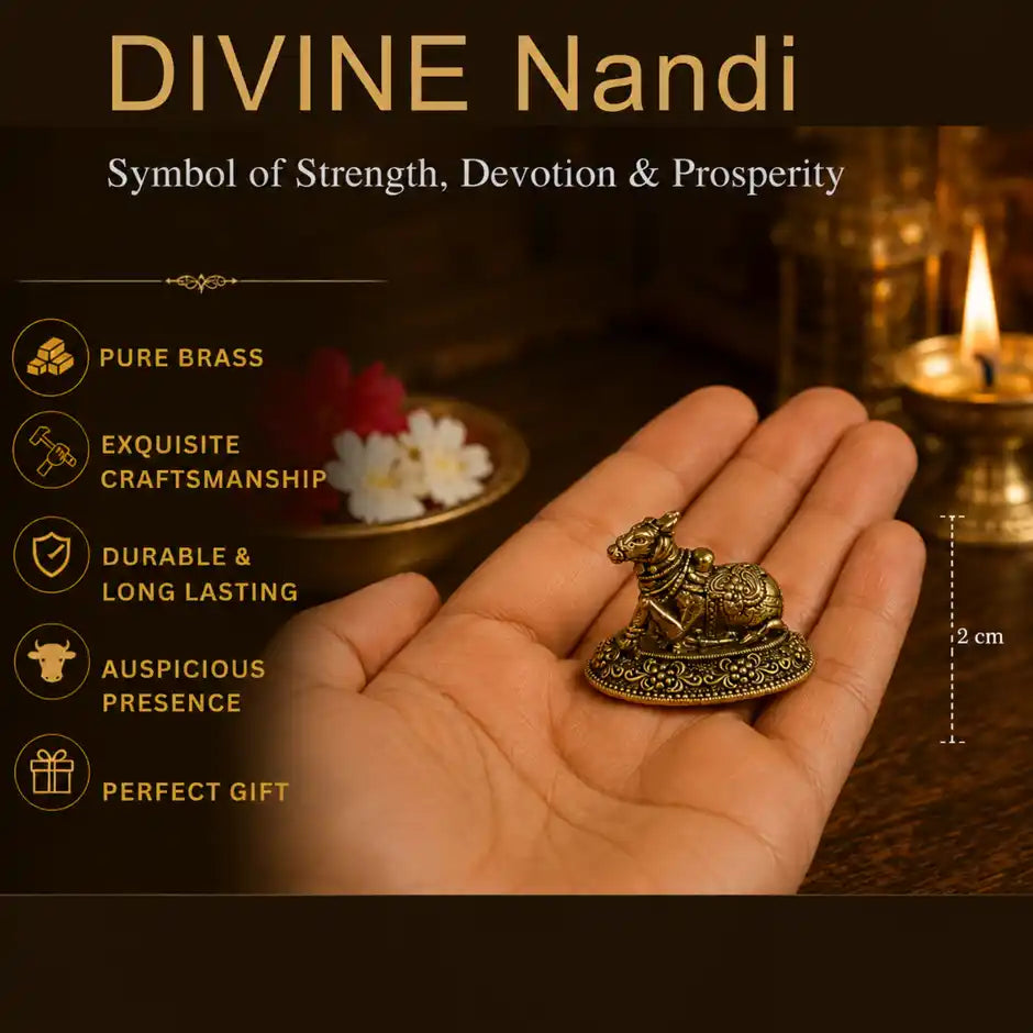Brassaura® Nandi Sitting Idol with Antique Finish | Pure Superfine Brass Handcrafted Murti | Brass Statue for Home Temple, Pooja Room | Height 0.8 Inches | Weight 0.020 gm