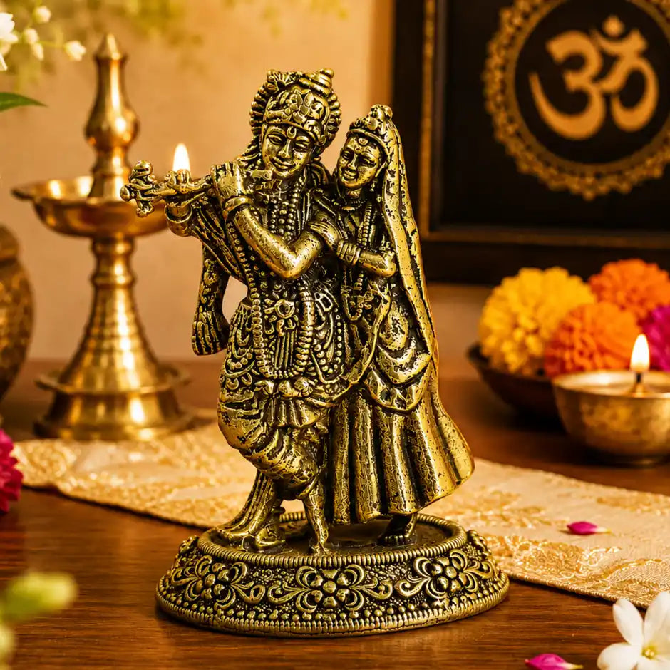Brassaura® Radha Krishna Standing Playing Flute Idol with Antique Finish | Pure Superfine Brass Handcrafted Murti | Brass Statue for Home Temple, Pooja Room | Height 2.3 Inches | Weight 0.040 gm