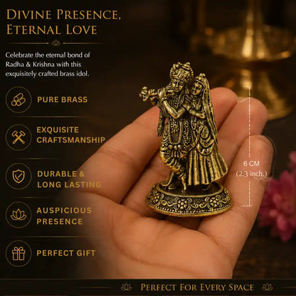 Brassaura® Radha Krishna Standing Playing Flute Idol with Antique Finish | Pure Superfine Brass Handcrafted Murti | Brass Statue for Home Temple, Pooja Room | Height 2.3 Inches | Weight 0.040 gm