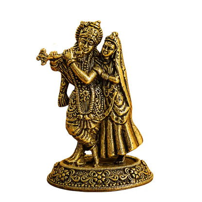 Brassaura® Radha Krishna Standing Playing Flute Idol with Antique Finish | Pure Superfine Brass Handcrafted Murti | Brass Statue for Home Temple, Pooja Room | Height 2.3 Inches | Weight 0.040 gm