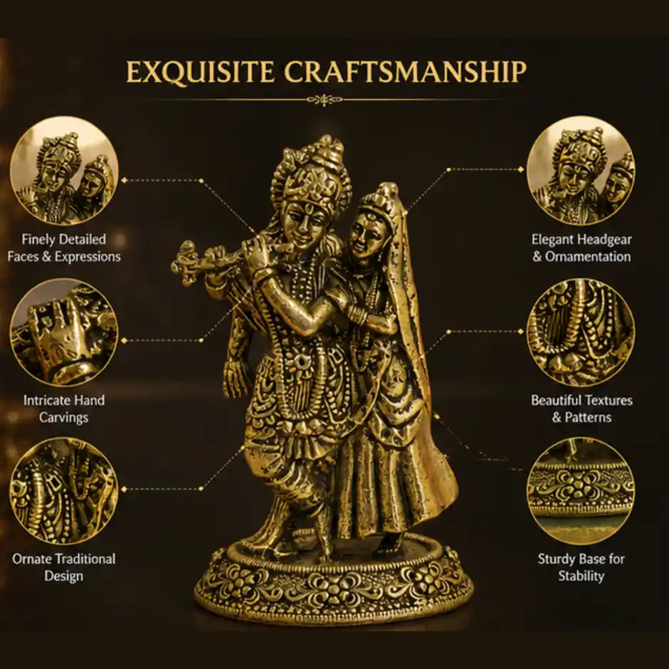 Brassaura® Radha Krishna Standing Playing Flute Idol with Antique Finish | Pure Superfine Brass Handcrafted Murti | Brass Statue for Home Temple, Pooja Room | Height 2.3 Inches | Weight 0.040 gm