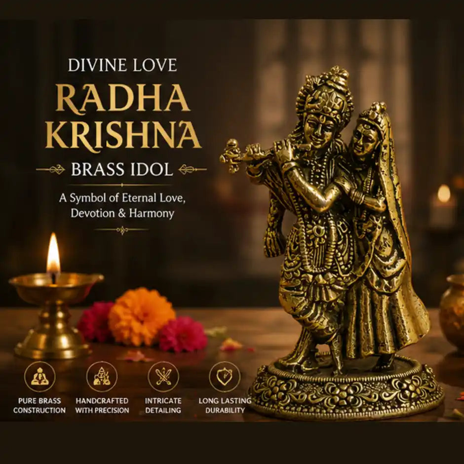 Brassaura® Radha Krishna Standing Playing Flute Idol with Antique Finish | Pure Superfine Brass Handcrafted Murti | Brass Statue for Home Temple, Pooja Room | Height 2.3 Inches | Weight 0.040 gm