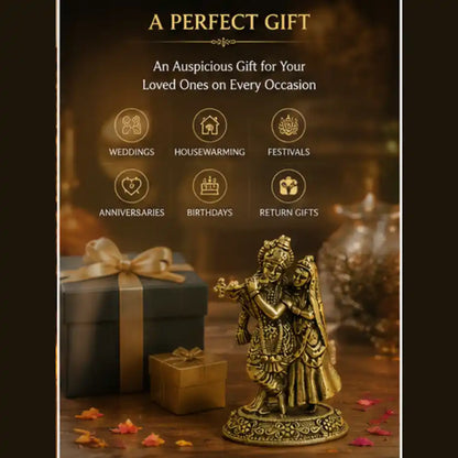 Brassaura® Radha Krishna Standing Playing Flute Idol with Antique Finish | Pure Superfine Brass Handcrafted Murti | Brass Statue for Home Temple, Pooja Room | Height 2.3 Inches | Weight 0.040 gm