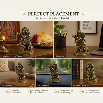 Brassaura® Radha Krishna Standing Playing Flute Idol with Antique Finish | Pure Superfine Brass Handcrafted Murti | Brass Statue for Home Temple, Pooja Room | Height 2.3 Inches | Weight 0.040 gm