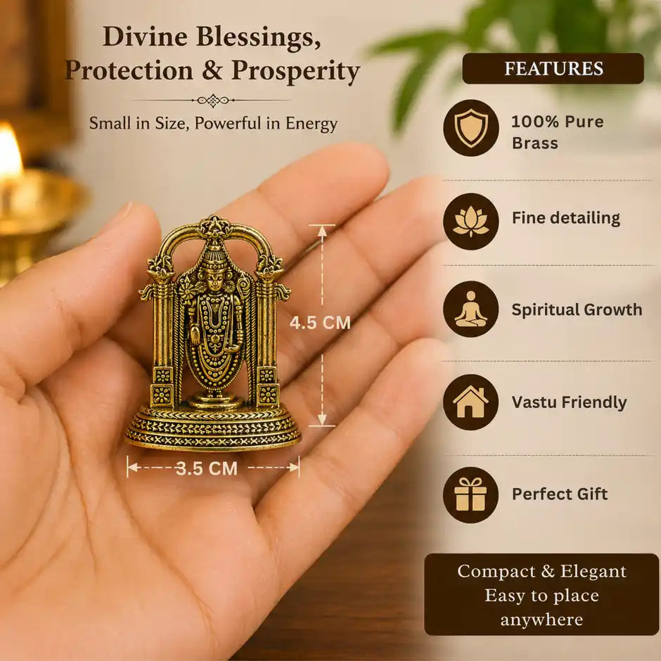 Brassaura® Tirupati Balaji Standing Idol with Antique Finish | Pure Superfine Brass Handcrafted Murti | Brass Statue for Home Temple, Pooja Room | Height 1.8 Inches | Weight 0.030 gm