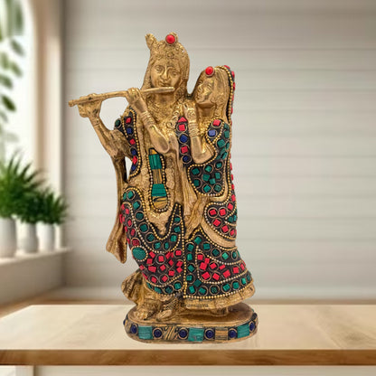 Brass Gem Stone Work Radha Krishna Murti Quality for Home Office Decor Weight 1.5 Kg Height 23 cm