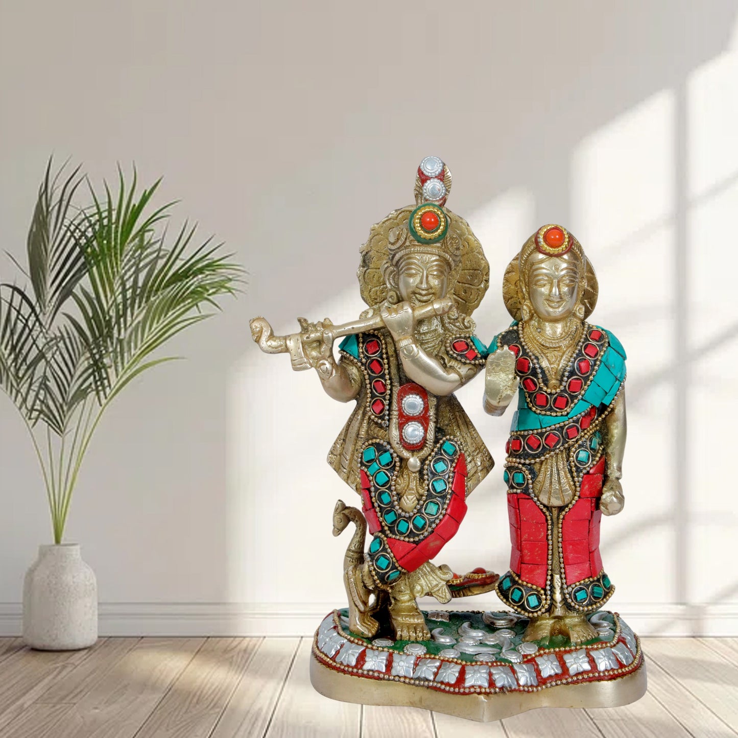 Brass Gem Stone Work Radha Krishna Murti Quality for Home Office Decor Weight 1.93 Kg Height 24 cm