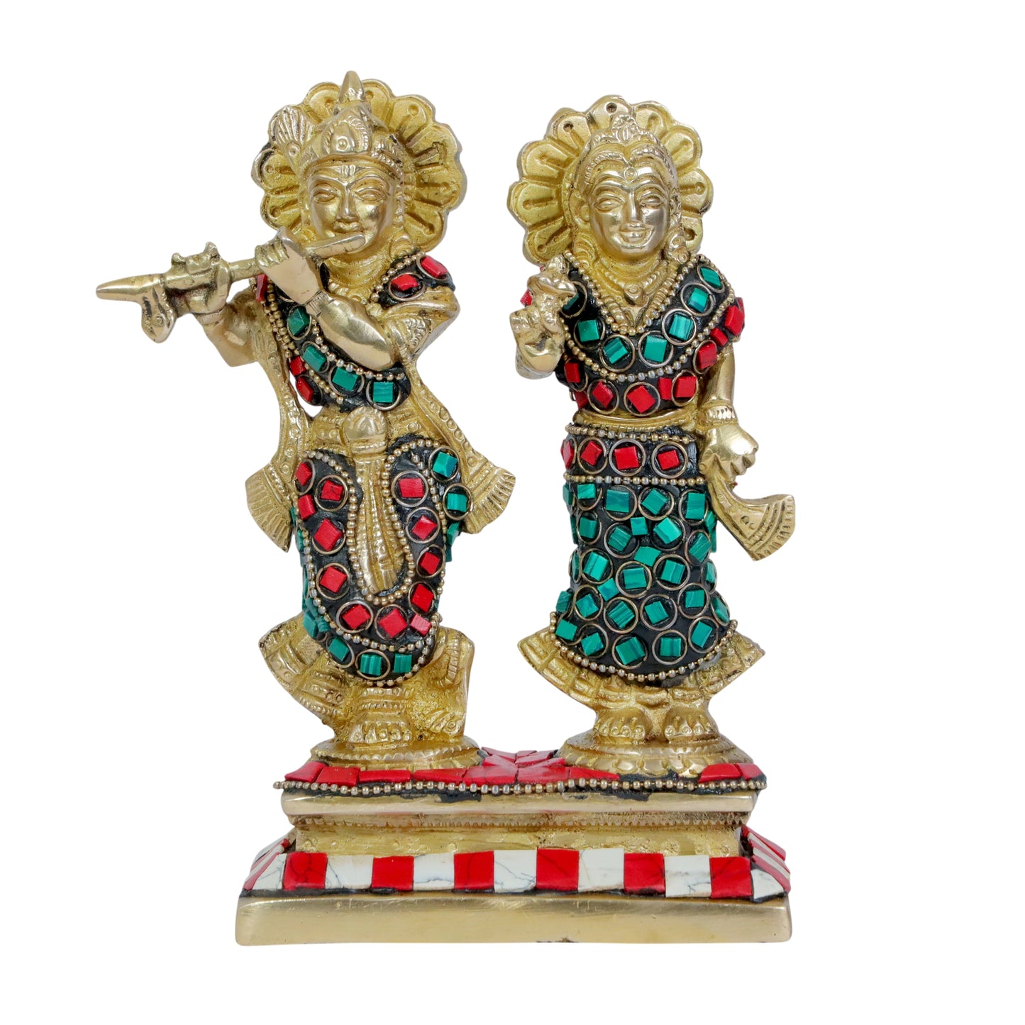 Brass Gem Stone Work Radha Krishna Murti Quality Home Office Decor Weight 1.41 Kg Height 28 cm