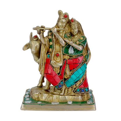 Brass Gem Stone Work Radha Krishna Murti Quality Home Office Decor Weight 2.14 Kg Height 22 cm