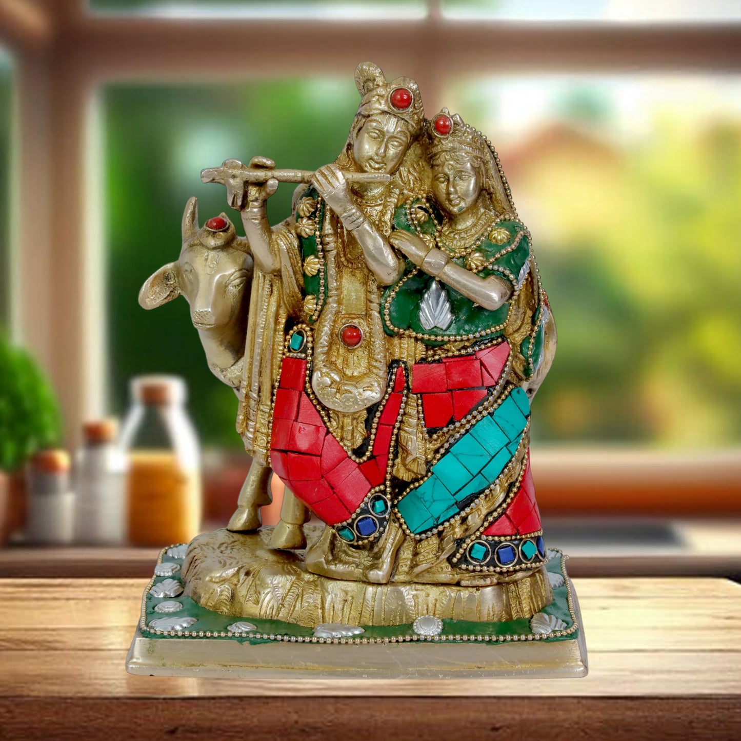 Brass Gem Stone Work Radha Krishna Murti Quality Home Office Decor Weight 2.14 Kg Height 22 cm