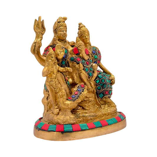 Brassaura® Brass Shiv Parivaar Statue with Traditional Golden Brass Finish | Pure Superfine Brass Handcrafted Murti | Brass Statue for Home Temple, Pooja Room | Height 5 Inches | Weight 1.5 Kgs