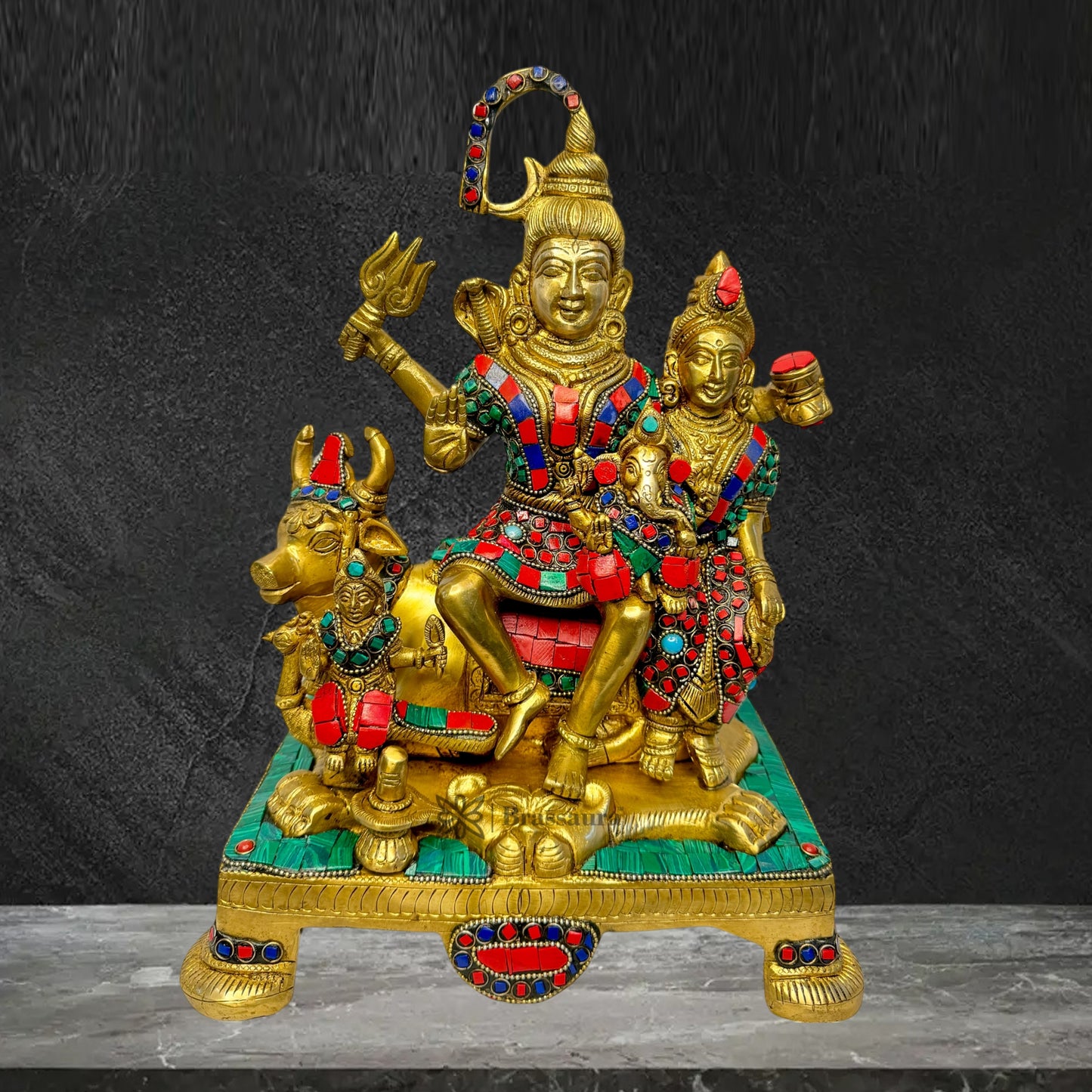 Brass Big Gem Stone Work Shiva Parivar Murti for Home and Decor ShowPiece for Living Room Weight 8.3 Kg Height 32 cm