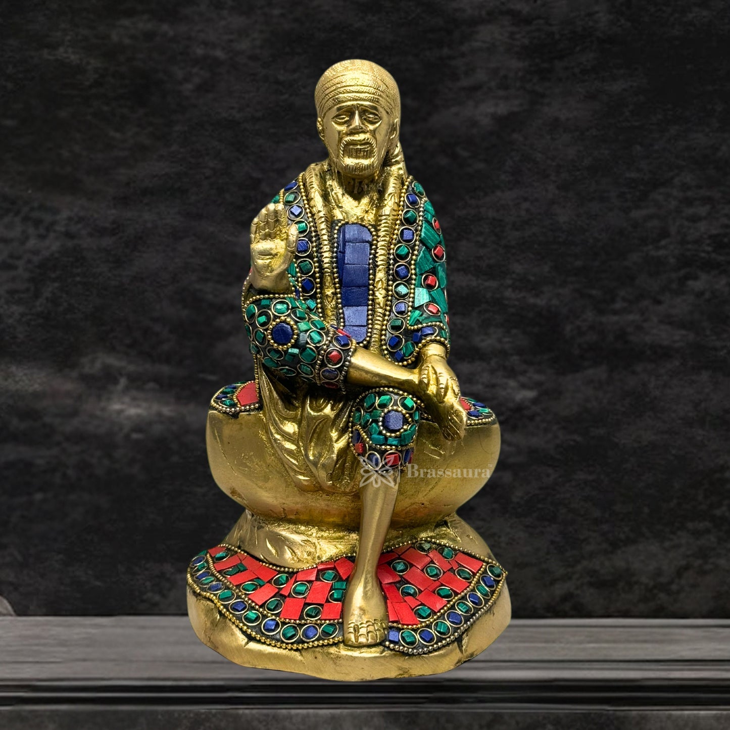 Brass Gem Stone Work Sai Baba Murti for Home and Decor Show Piece for Living Room Height 23 cm Weight 2.4 Kg