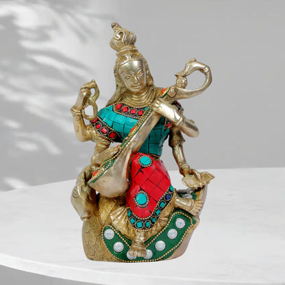 Brass Gem Stone Work Ma Saraswati Devi Murti for Home and Decor Height 24 cm Weight 1.8 Kg